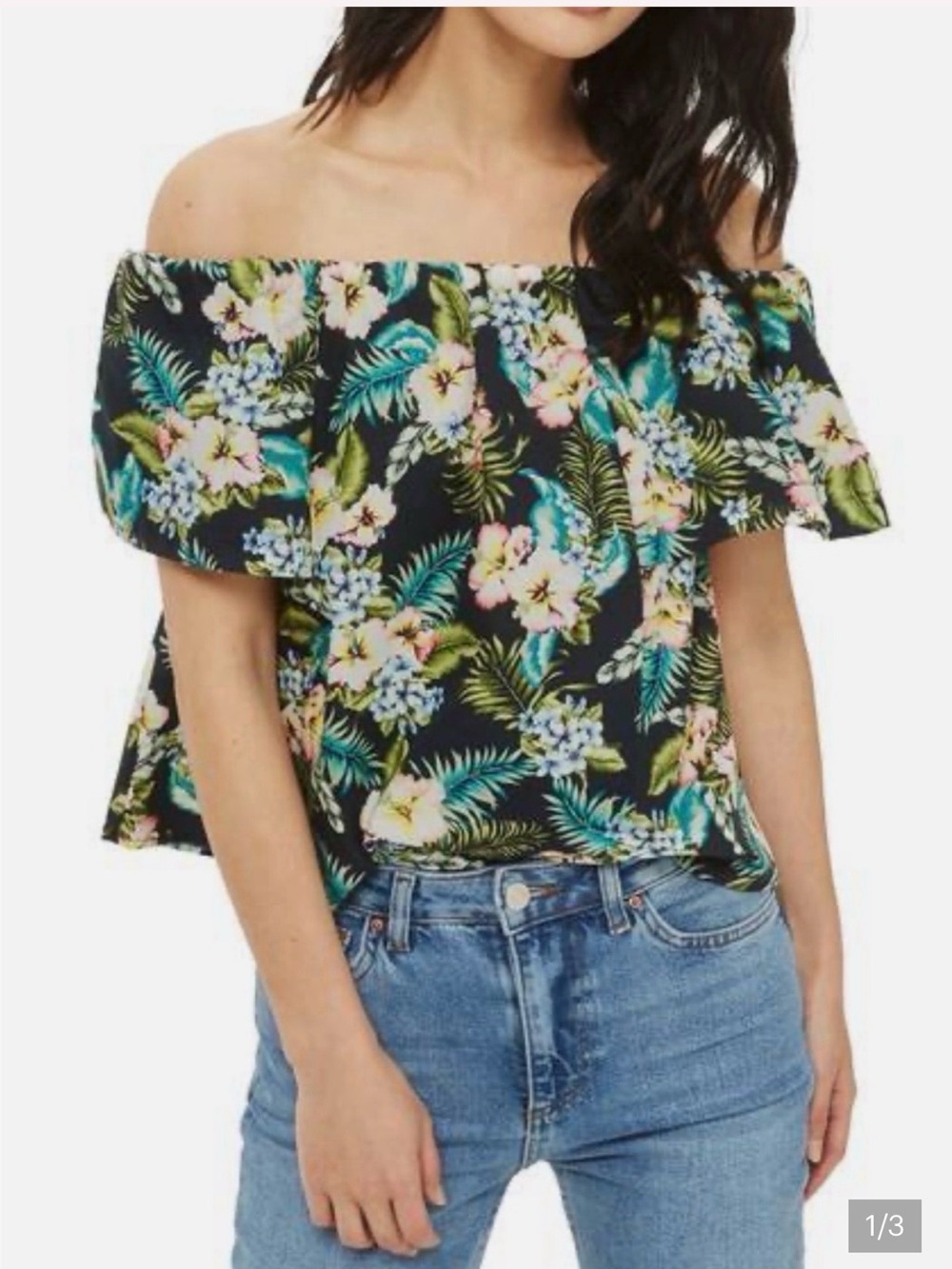 Topshop Black Floral Off-Shoulder Ruffle Top NWT